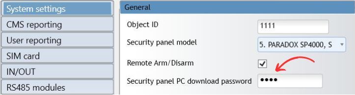Enter the PC password for the Paradox panel